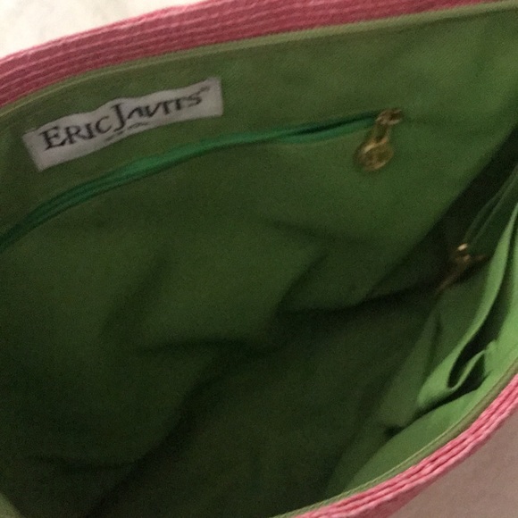 ERIC JAVITS pink squishee woven straw tote purse handbag green lining gold hrdwr - Picture 4 of 5